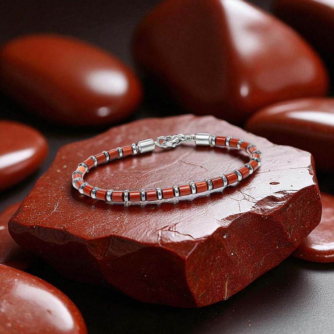 Kırmızı Jasper & Silver Hematit Taşlı Ayarlanabilir Çelik Zincir Erkek Bileklik