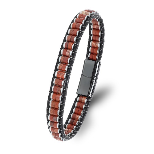 Kırmızı Jasper & Hematit Çelik Örgülü Deri Bileklik