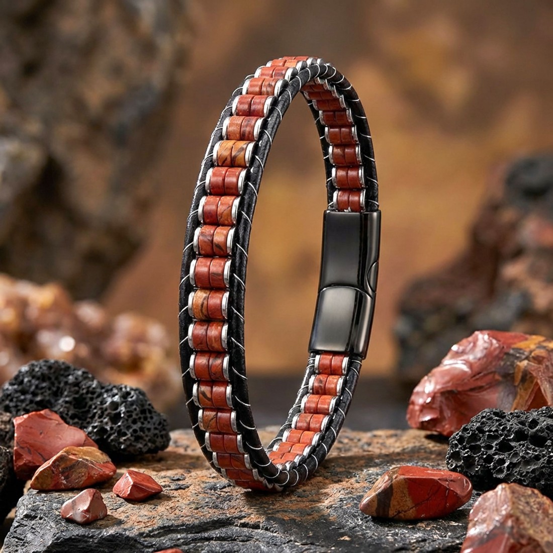 Kırmızı Jasper & Hematit Çelik Örgülü Deri Bileklik