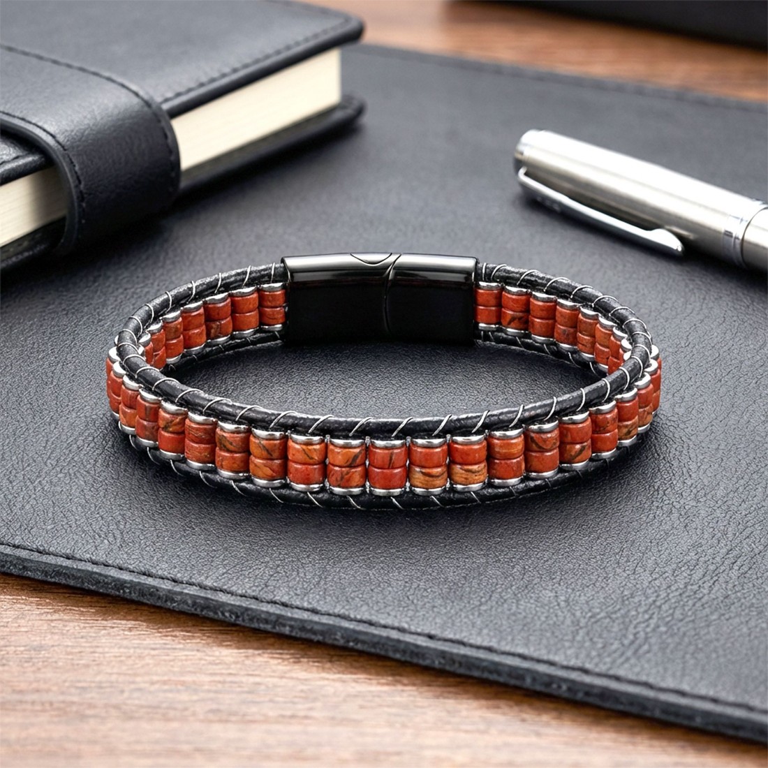 Kırmızı Jasper & Hematit Çelik Örgülü Deri Bileklik
