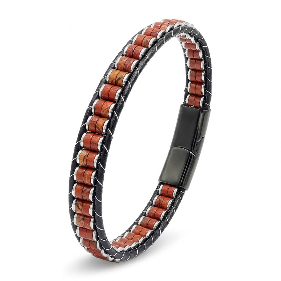 Kırmızı Jasper & Hematit Çelik Örgülü Deri Bileklik