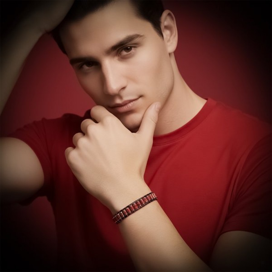 Kırmızı Jasper & Hematit Çelik Örgülü Deri Bileklik