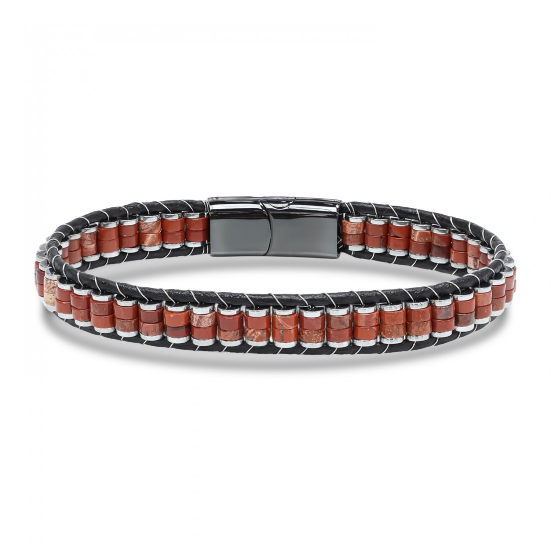 Kırmızı Jasper & Hematit Çelik Örgülü Deri Bileklik