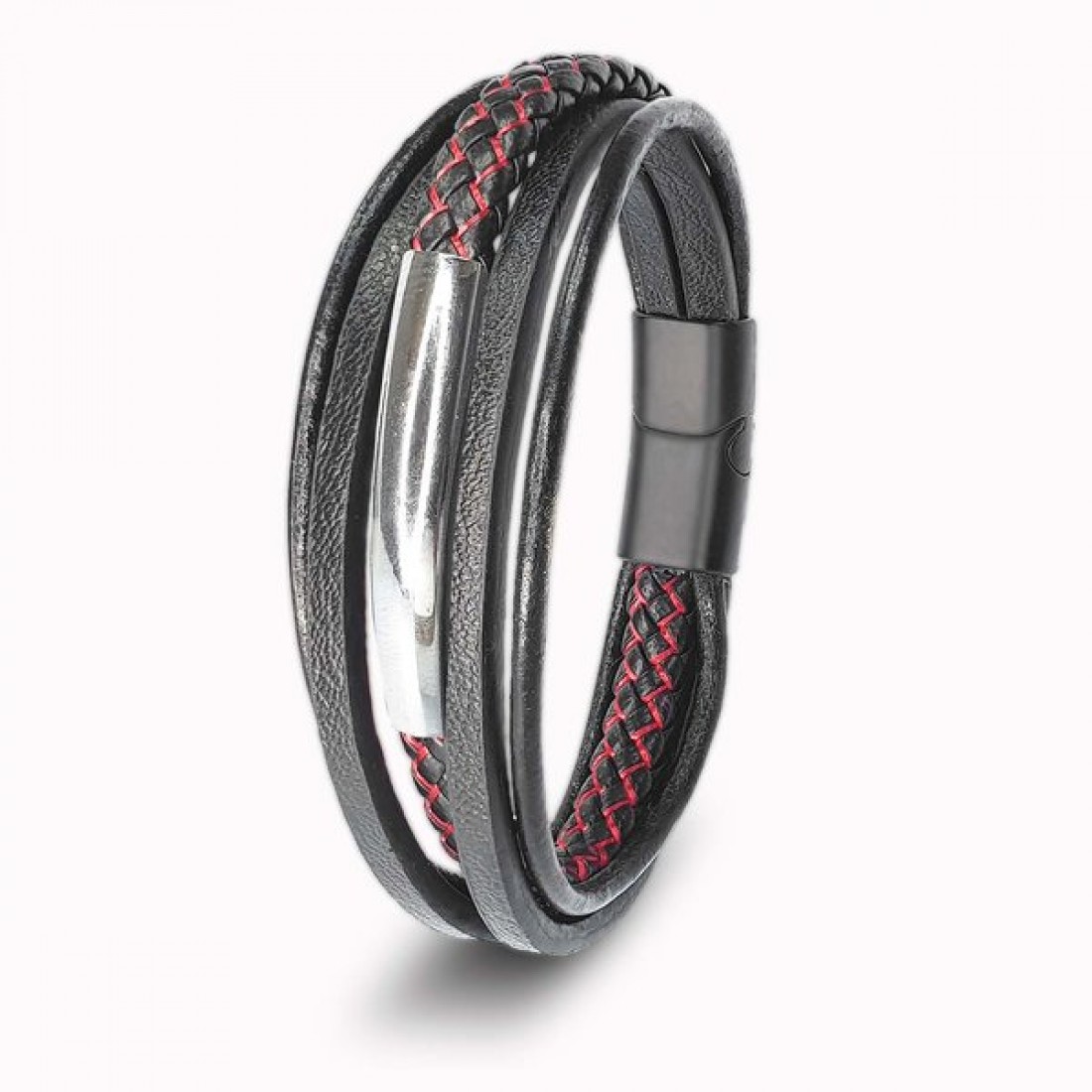 Kırmızı Siyah Çoklu Deri Ve İsim Yazılabilir Çelik Plakalı Bileklik