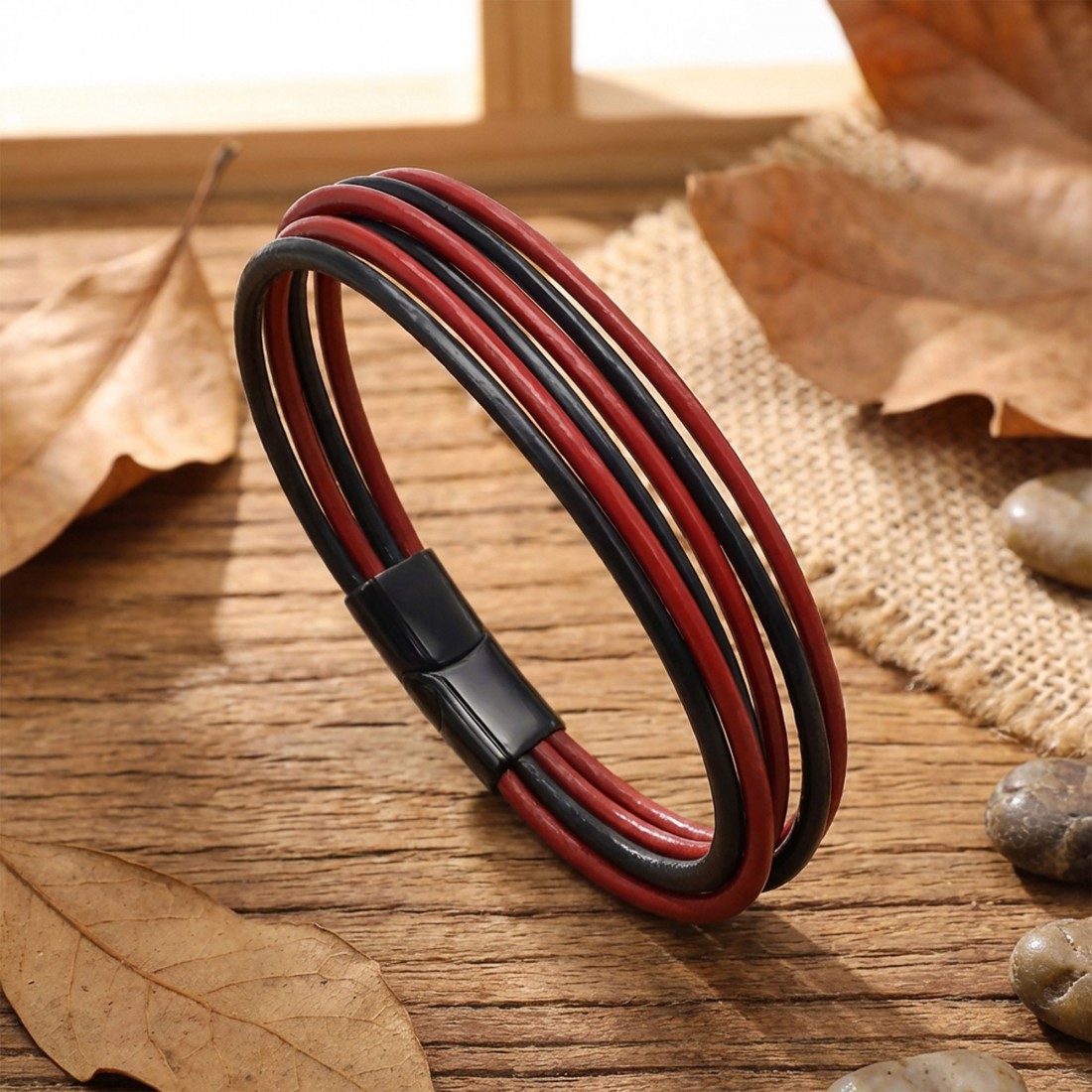 Kırmızı Siyah Çoklu Deri Ve Titianyum Kilitli Çelik Bileklik