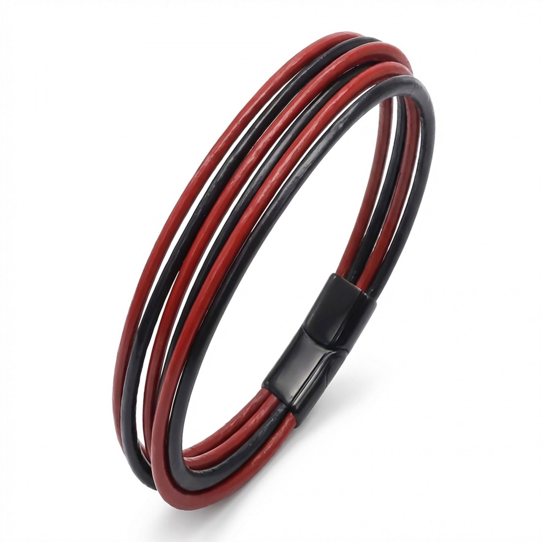 Kırmızı Siyah Çoklu Deri Ve Titianyum Kilitli Çelik Bileklik