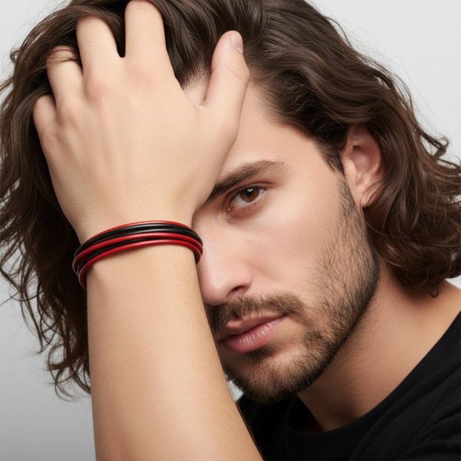 Kırmızı Siyah Çoklu Deri Ve Titianyum Kilitli Çelik Bileklik