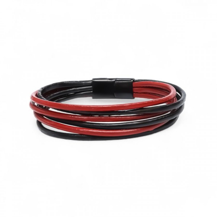 Kırmızı Siyah Çoklu Deri Ve Titianyum Kilitli Çelik Bileklik