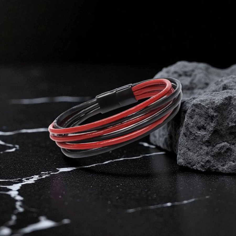 Kırmızı Siyah Çoklu Deri Ve Titianyum Kilitli Çelik Bileklik