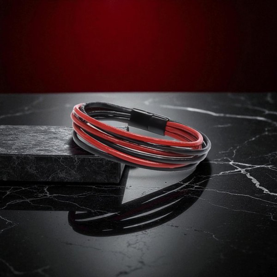 Kırmızı Siyah Çoklu Deri Ve Titianyum Kilitli Çelik Bileklik