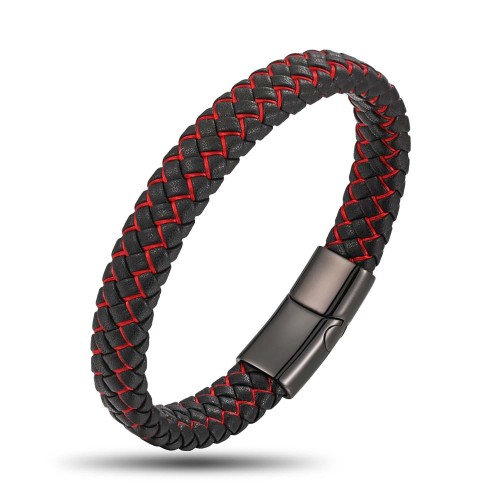 Kırmızı Siyah Deri Örgü Çelik Bileklik