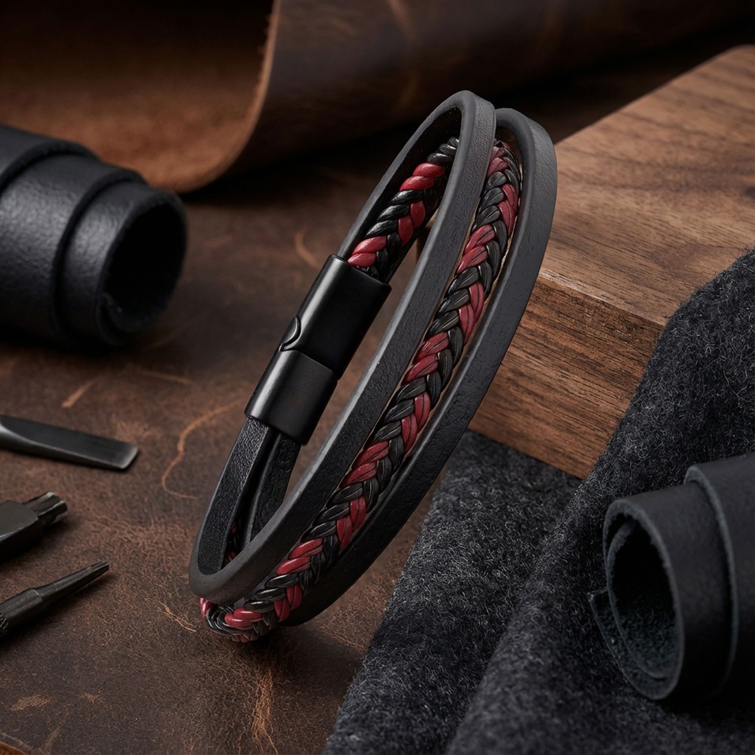 Kırmızı Siyah Saç Örgü Ve Çelik Bileklik