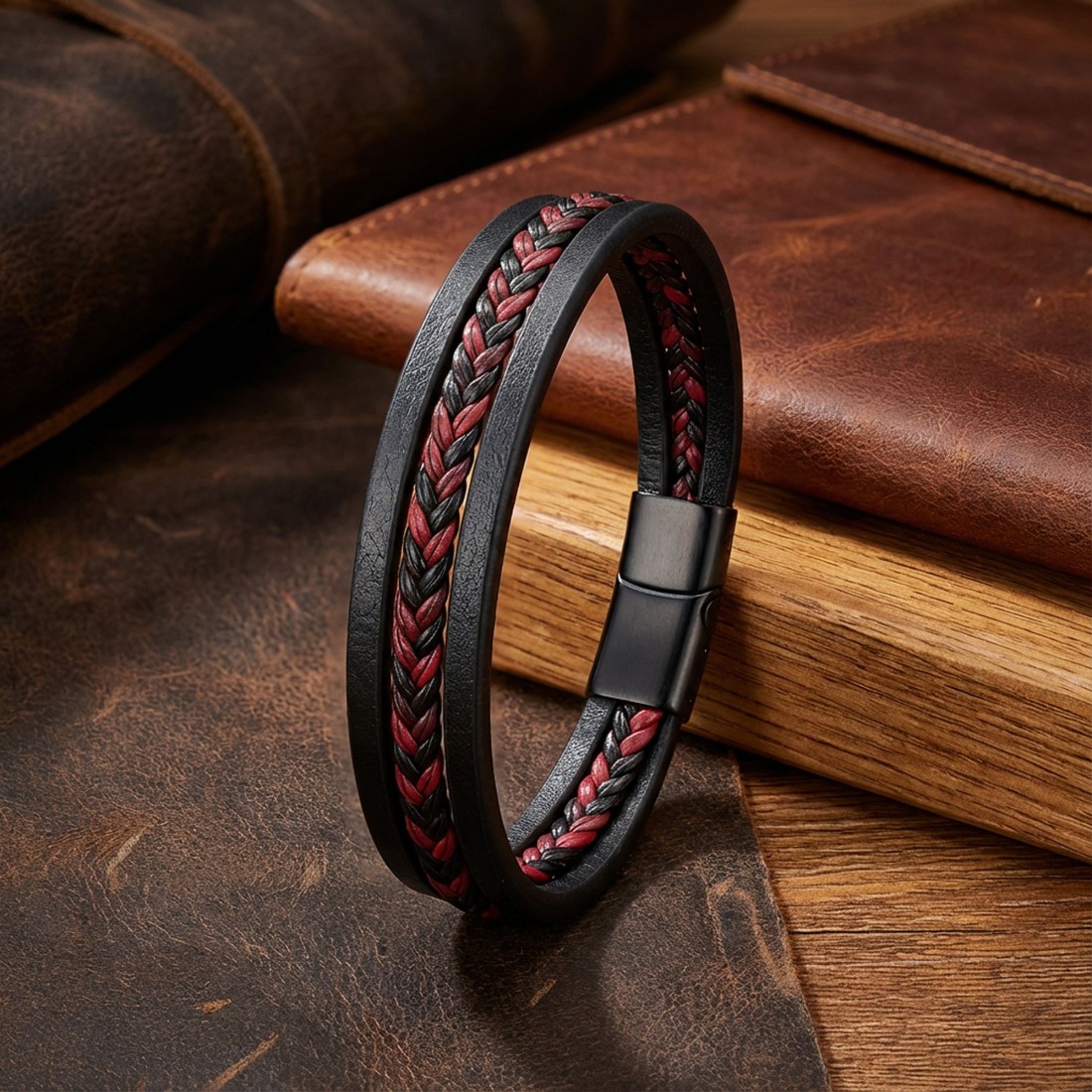 Kırmızı Siyah Saç Örgü Ve Çelik Bileklik