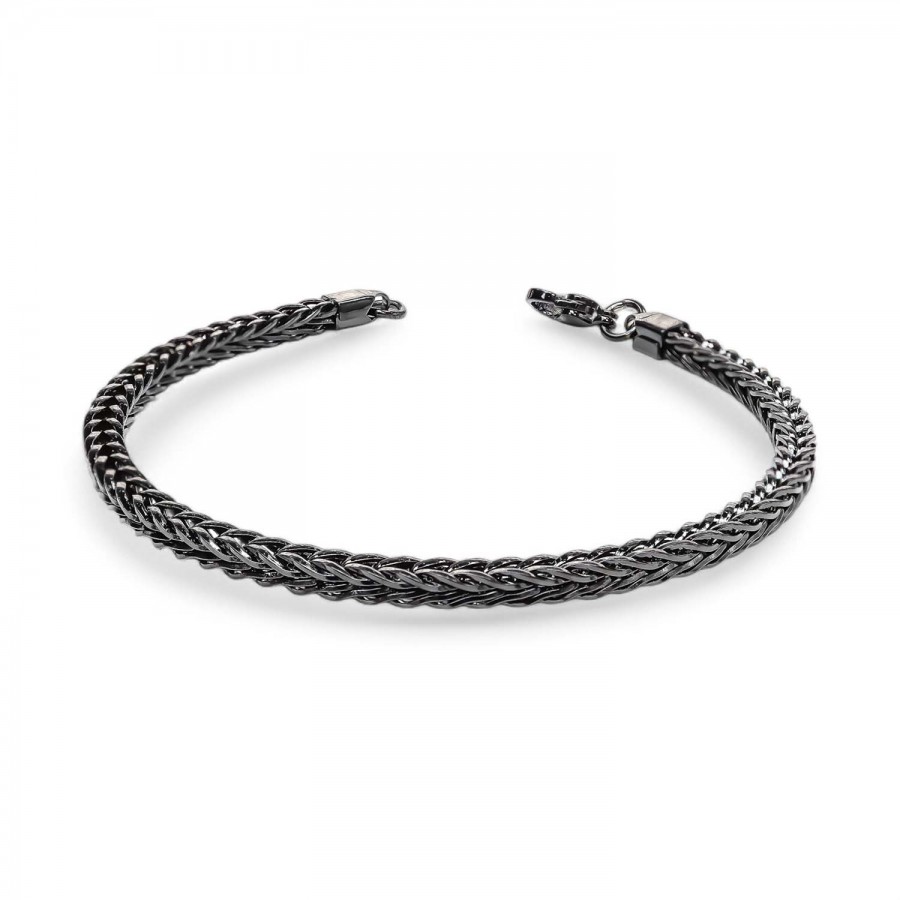 Köşeli Kral Bakla Örgülü Siyah Çelik Zincir Bileklik 4Mm