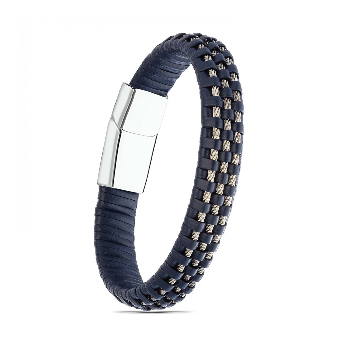 Lacivert Deri Burma Örgü Çelik Halat Bileklik