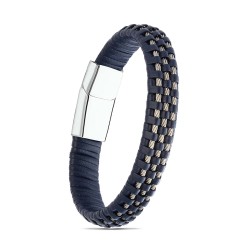 Lacivert Deri Burma Örgü Çelik Halat Bileklik