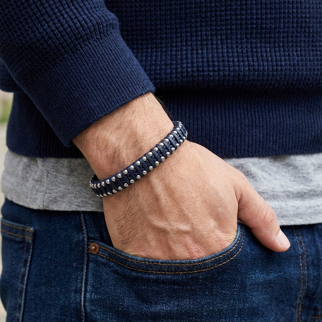 Lacivert Deri Ve Damla Çelik Zincirli Bileklik