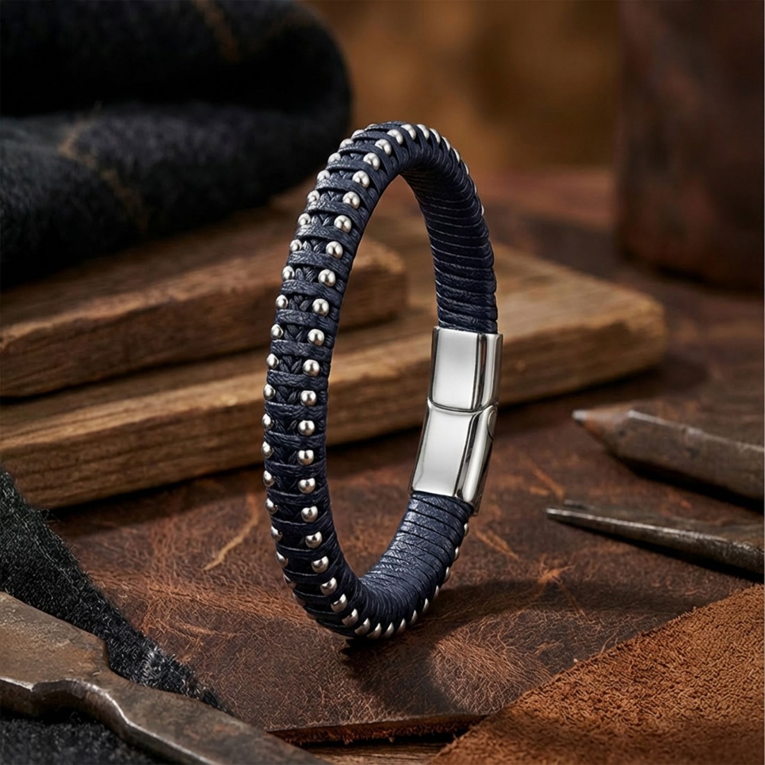 Lacivert Deri Ve Damla Çelik Zincirli Bileklik