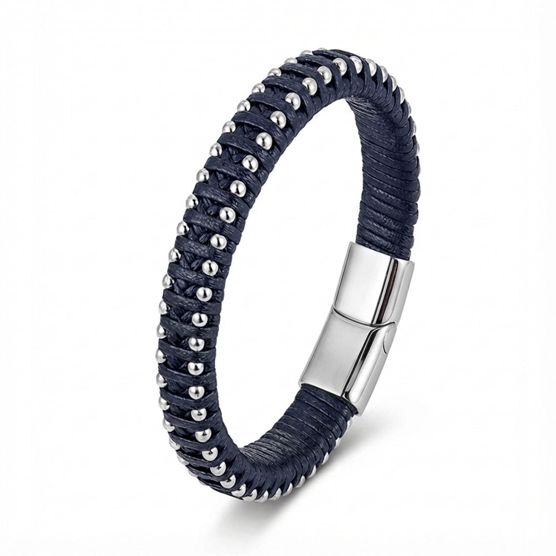 Lacivert Deri Ve Damla Çelik Zincirli Bileklik