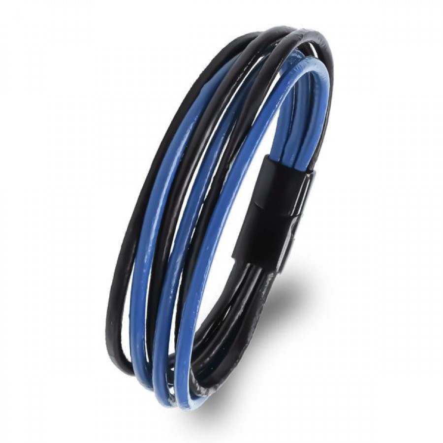 Lacivert Siyah Çoklu Deri Ve Titianyum Kilitli Çelik Bileklik