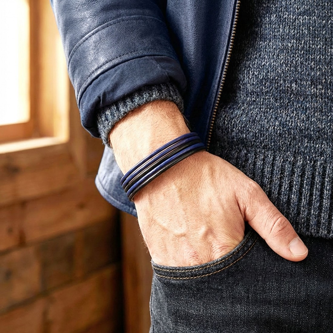 Lacivert Siyah Çoklu Deri Ve Titianyum Kilitli Çelik Bileklik