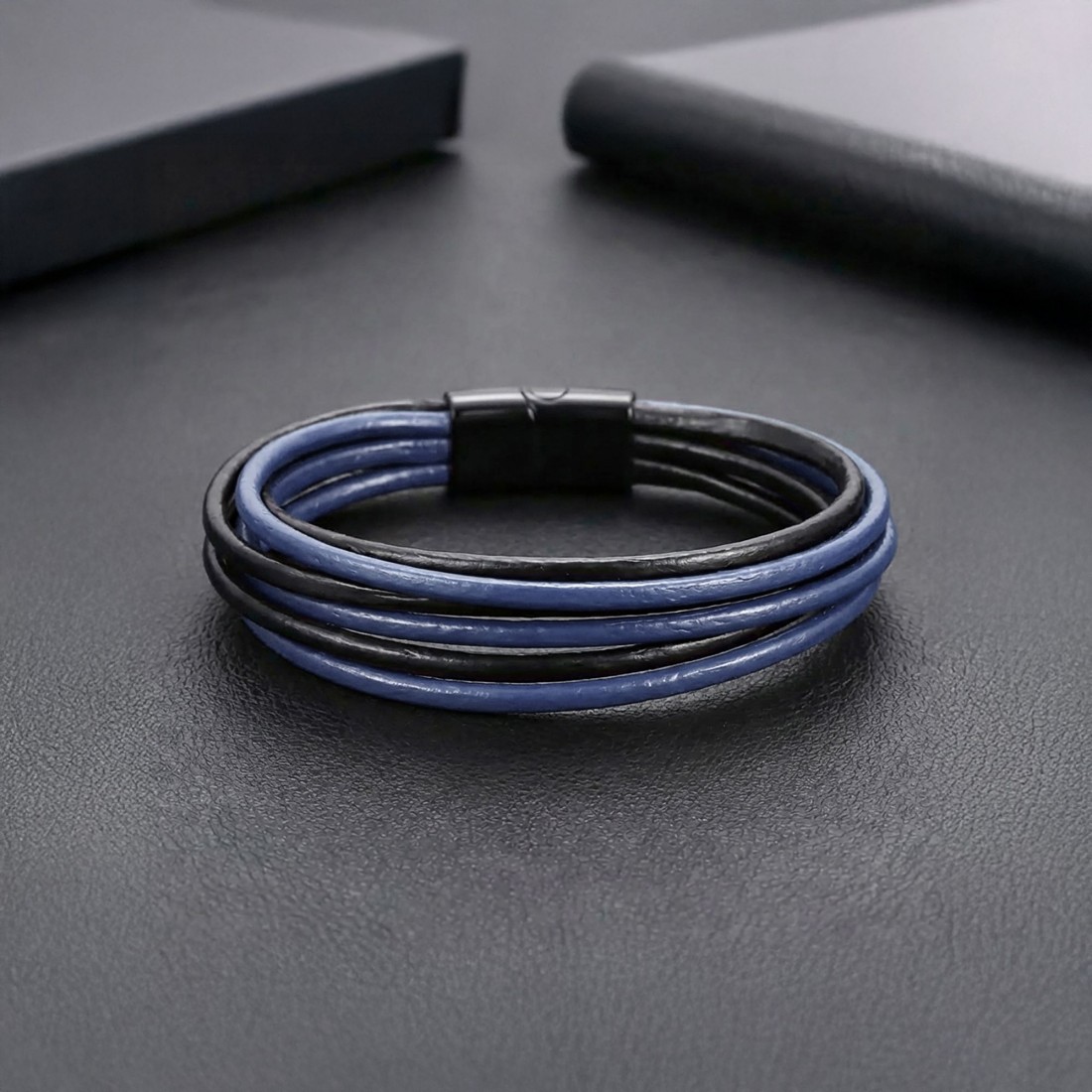 Lacivert Siyah Çoklu Deri Ve Titianyum Kilitli Çelik Bileklik