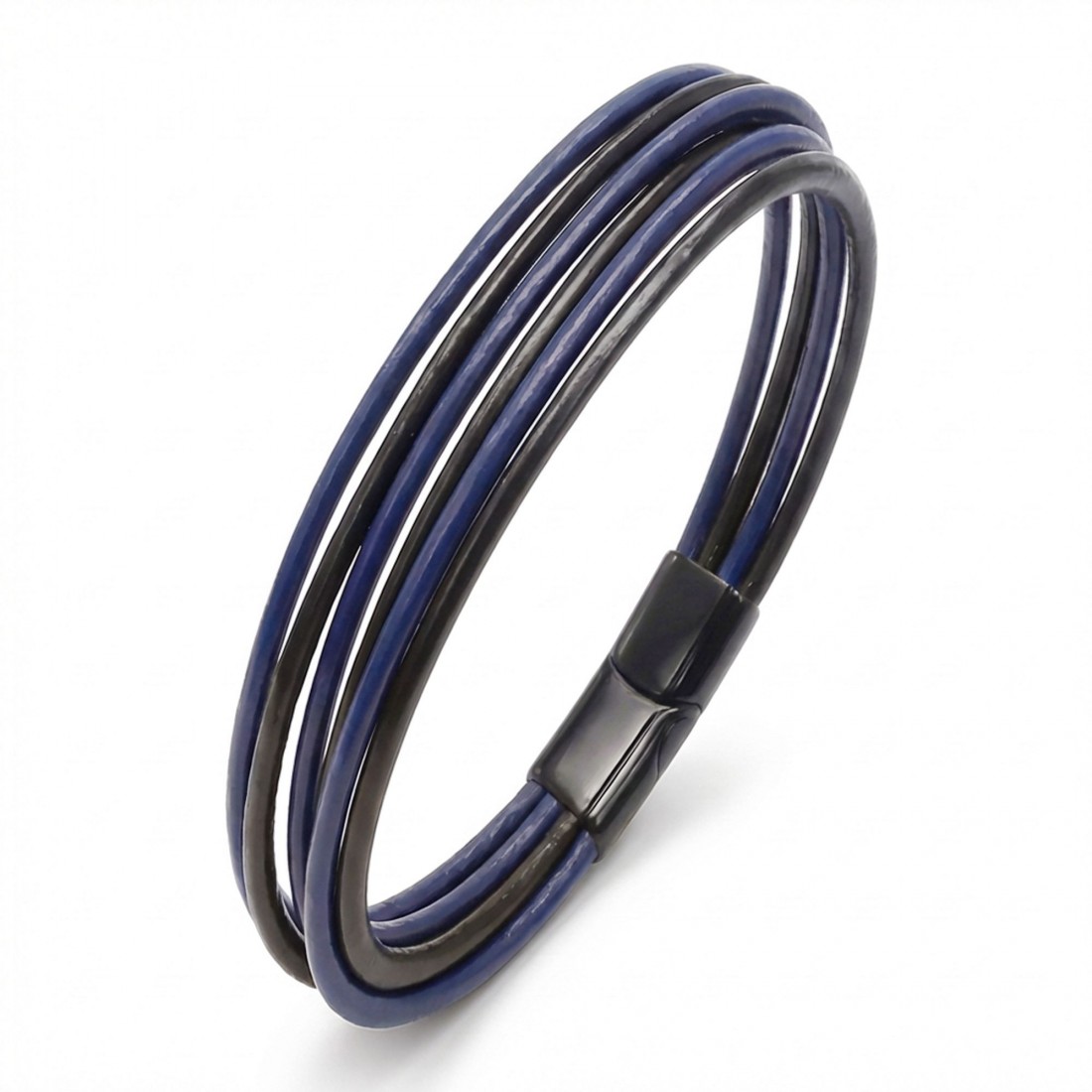 Lacivert Siyah Çoklu Deri Ve Titianyum Kilitli Çelik Bileklik