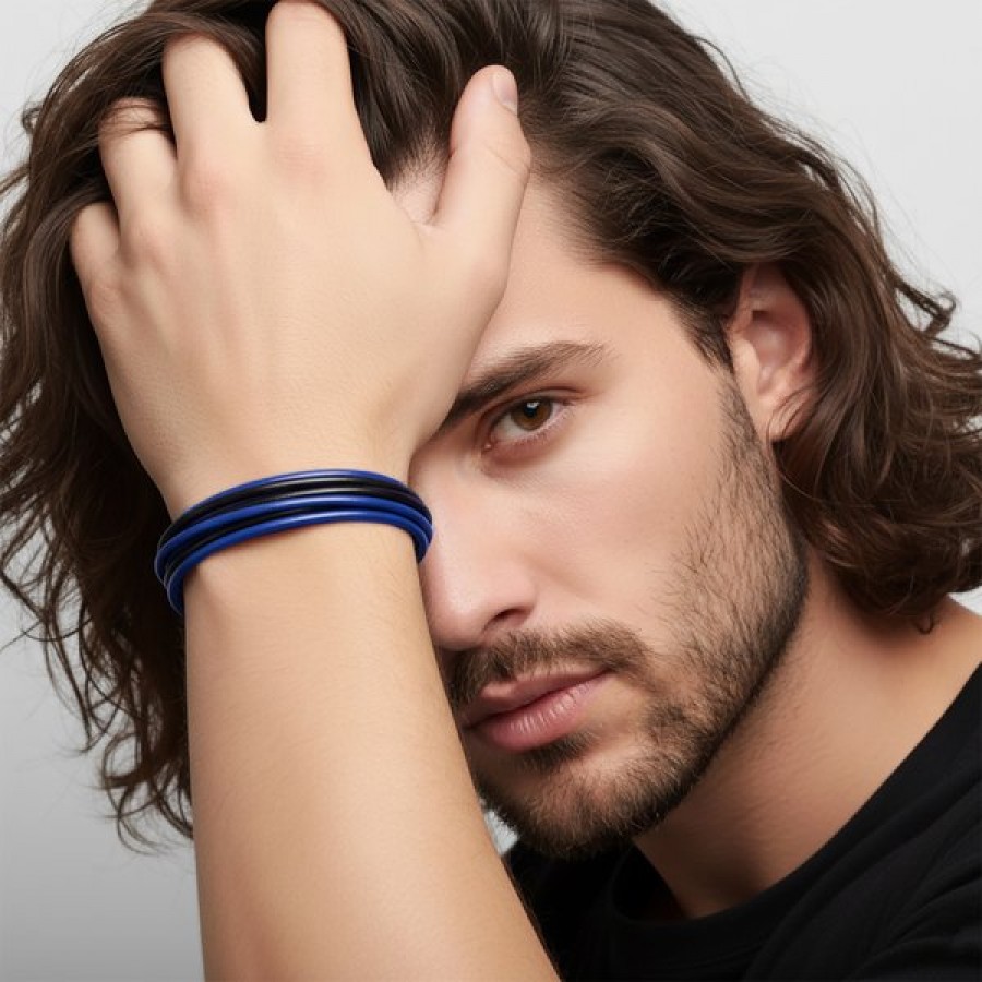 Lacivert Siyah Çoklu Deri Ve Titianyum Kilitli Çelik Bileklik