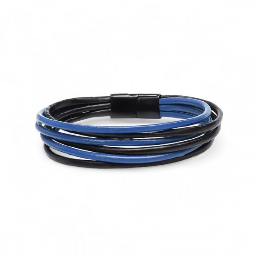 Lacivert Siyah Çoklu Deri Ve Titianyum Kilitli Çelik Bileklik