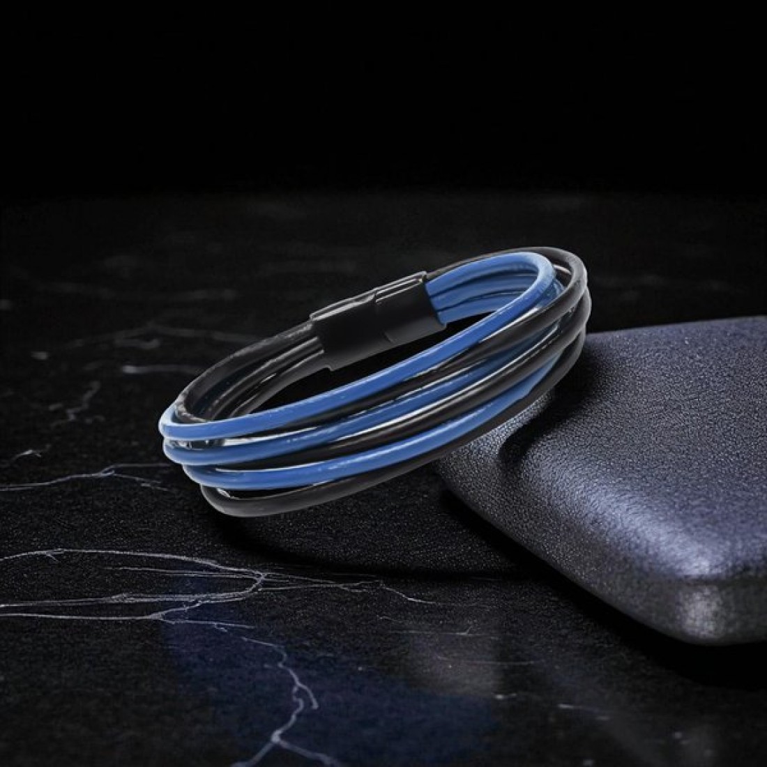 Lacivert Siyah Çoklu Deri Ve Titianyum Kilitli Çelik Bileklik