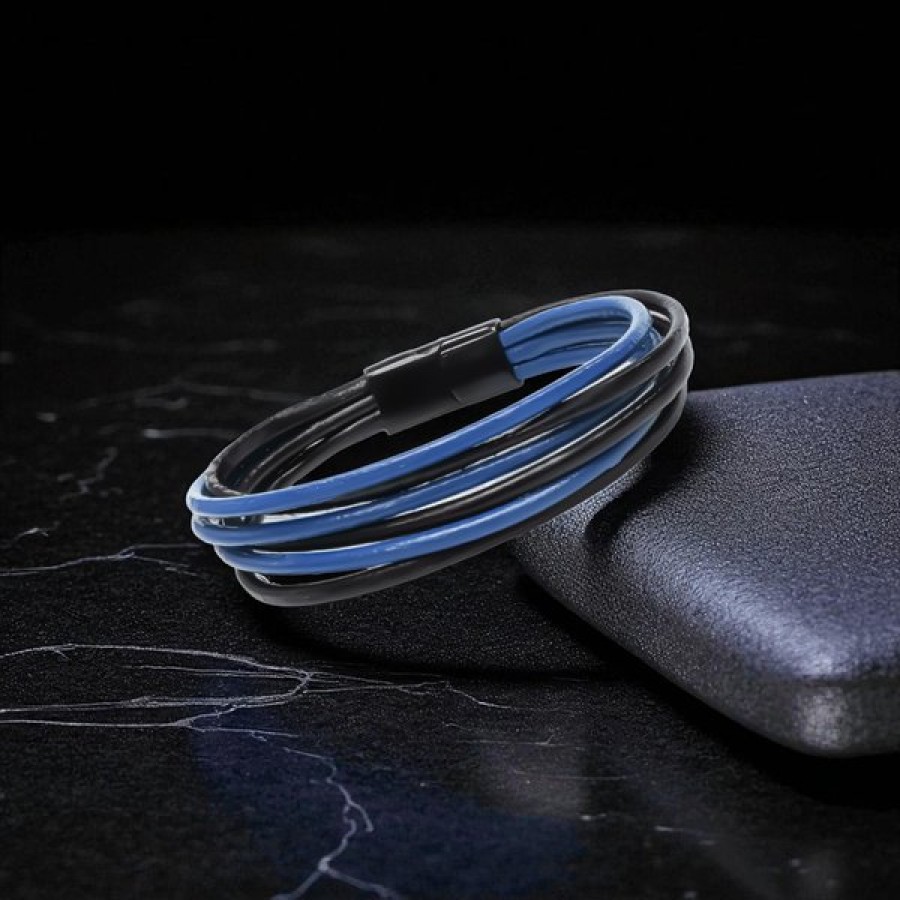 Lacivert Siyah Çoklu Deri Ve Titianyum Kilitli Çelik Bileklik