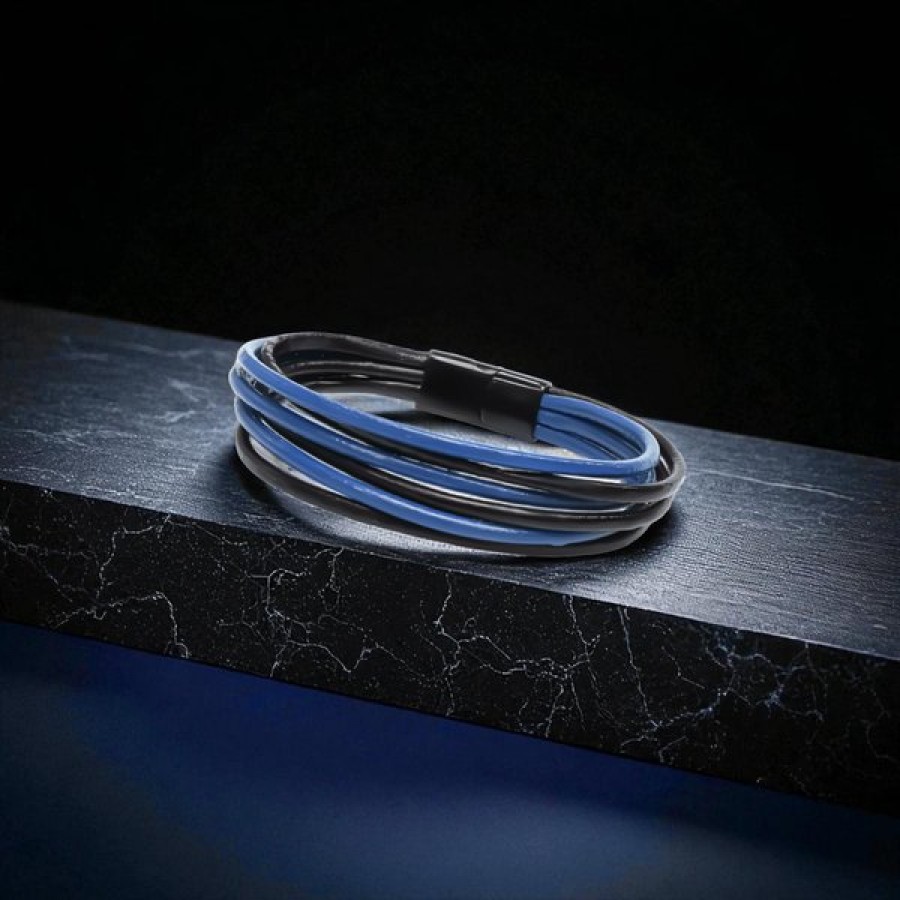 Lacivert Siyah Çoklu Deri Ve Titianyum Kilitli Çelik Bileklik