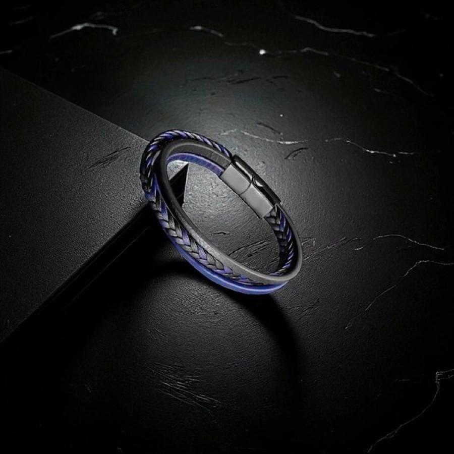 Lacivert Siyah Deri Erkek Bileklik – Titanyum Çelik Manyetik Kilitli