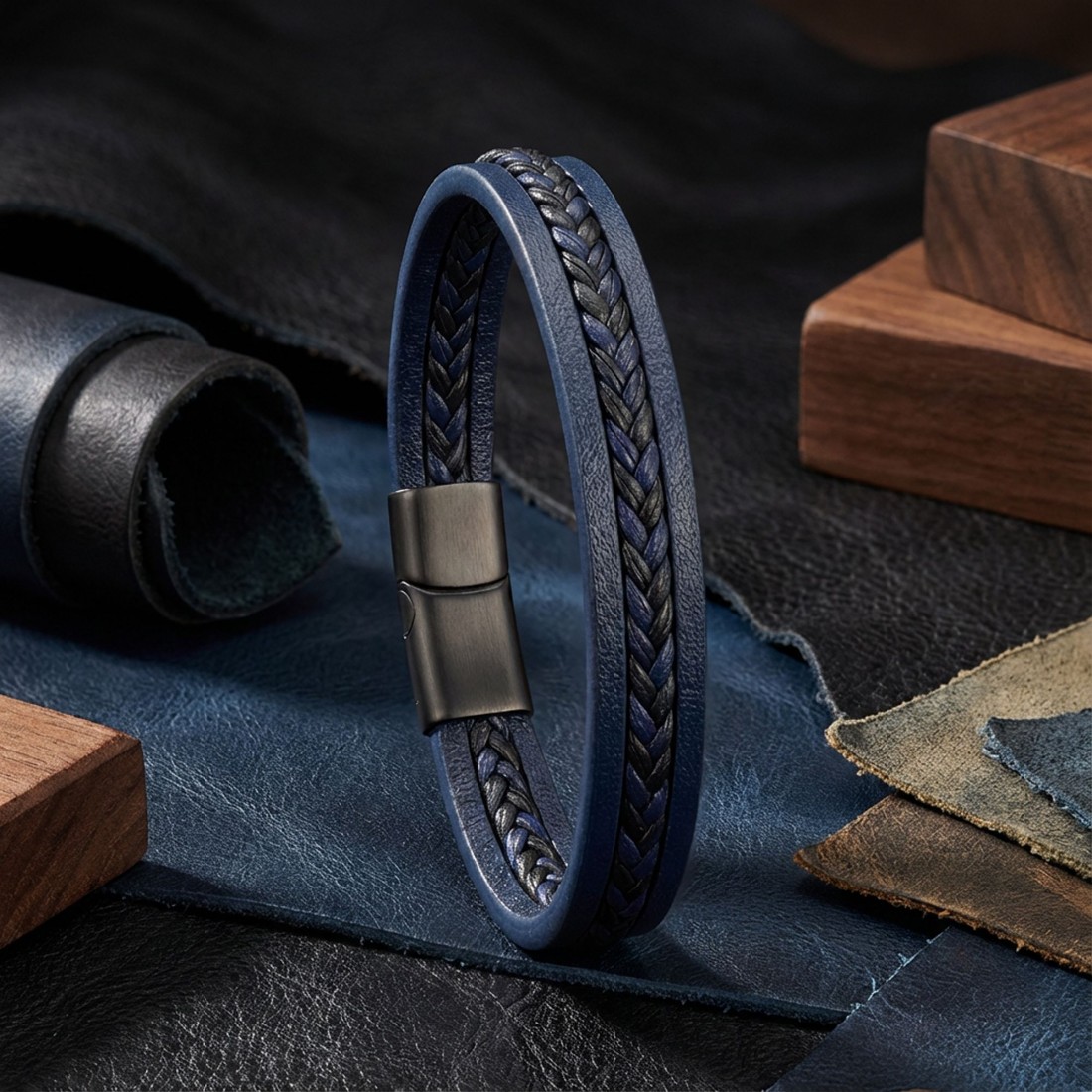 Lacivert Siyah Saç Örgülü Çoklu Bileklik