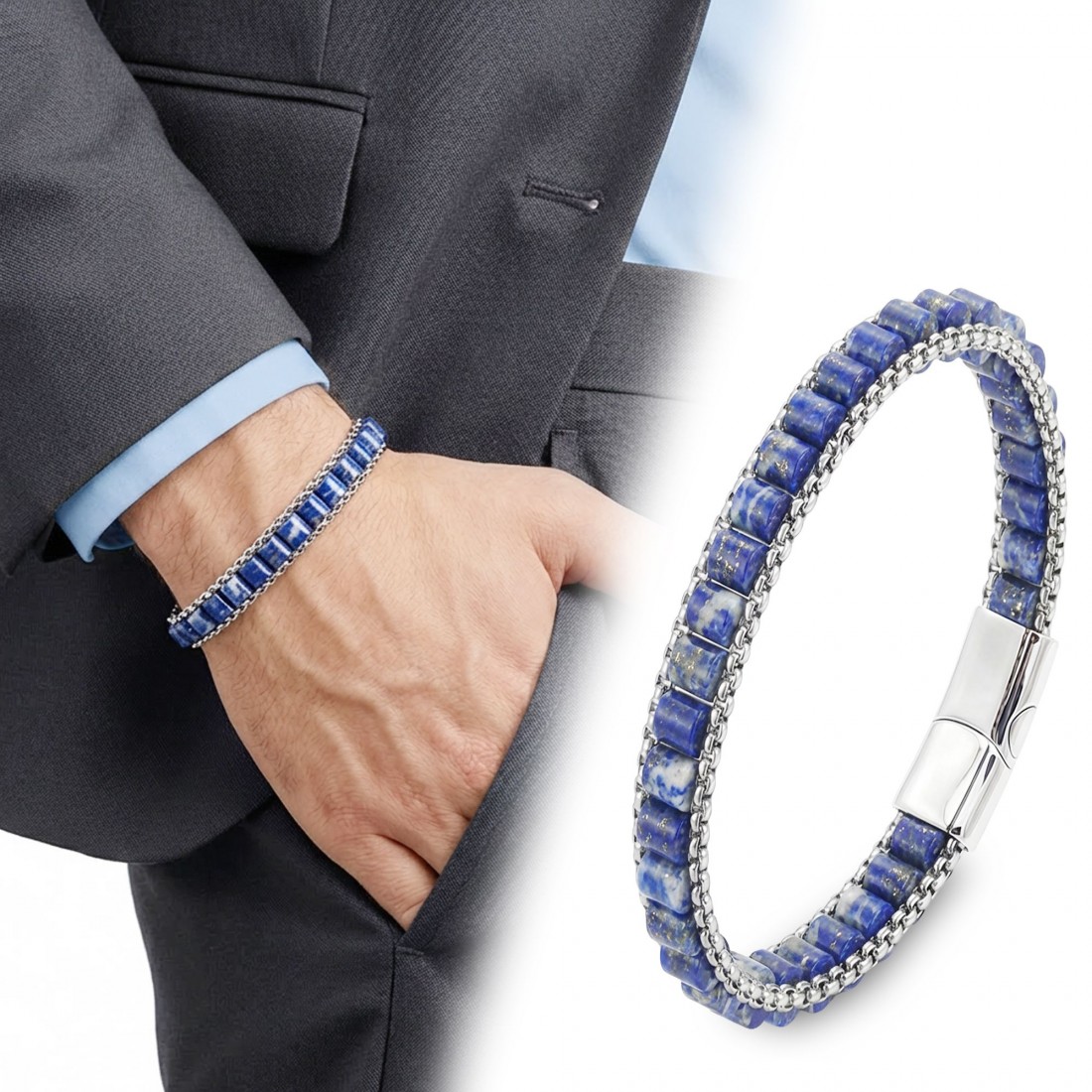 Lapis Doğal Taşlı Hasır Örgü Zincirli Erkek Çelik Bileklik