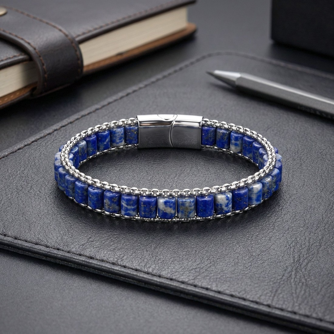 Lapis Doğal Taşlı Hasır Örgü Zincirli Erkek Çelik Bileklik