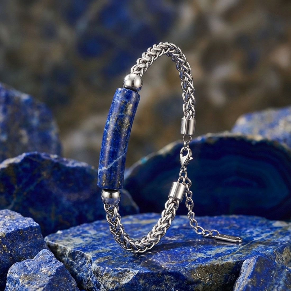 Lapis Doğal Taşlı Ve Ayarlanabilir Çelik Zincir Bileklik