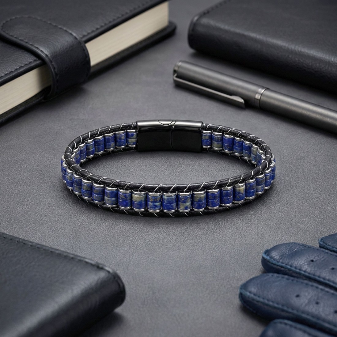 Lapis doğal taşlı çift sıra orijinal deri ve 316L çelik toptan erkek bileklik