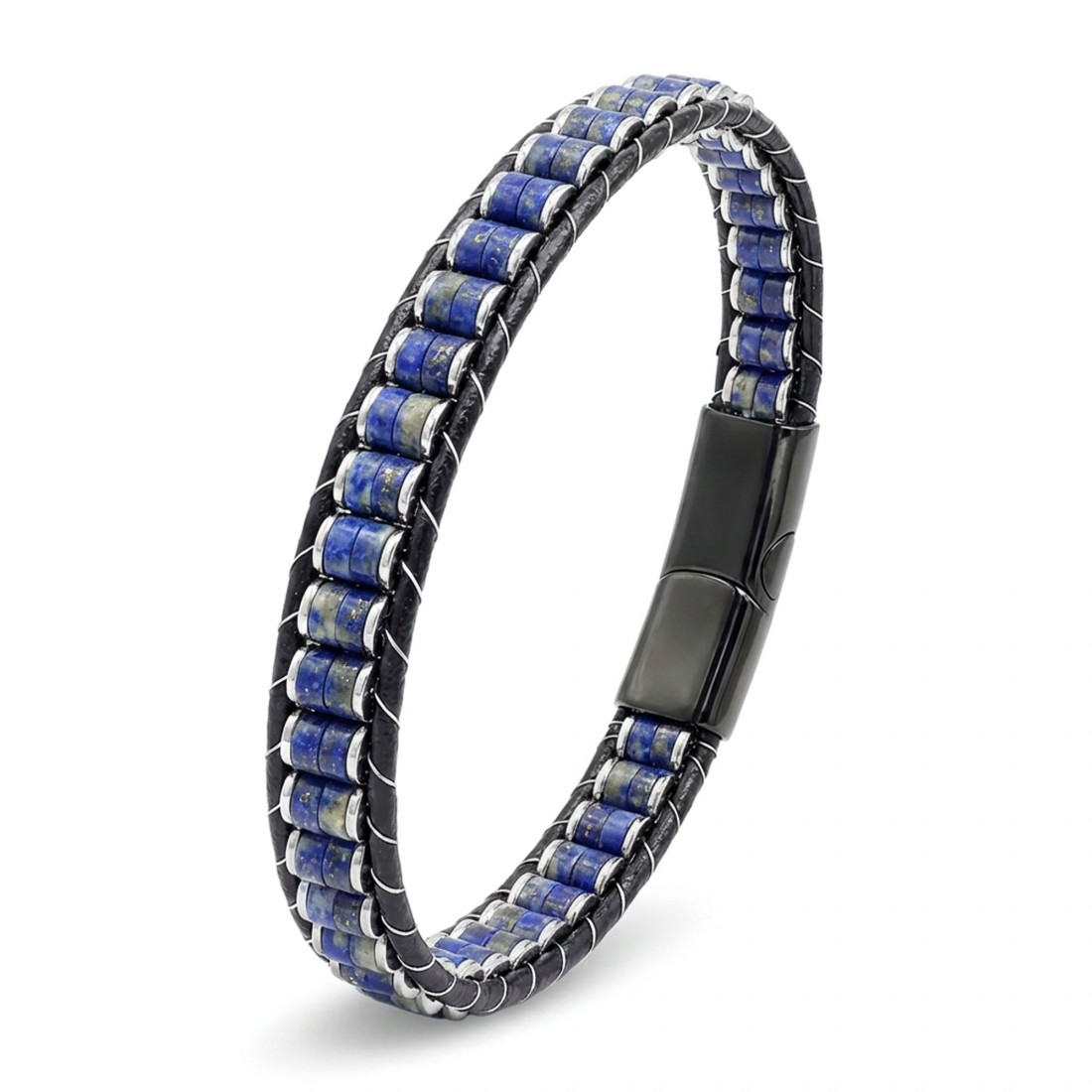 Lapis doğal taşlı çift sıra orijinal deri ve 316L çelik toptan erkek bileklik