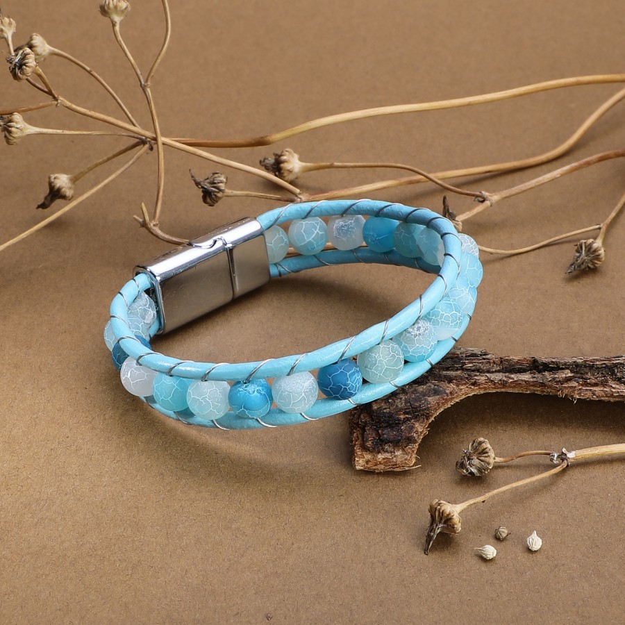 Toptan Mat Mavi Akik Doğaltaşlı Mavi Derili Bayan Bileklik Fiyatları