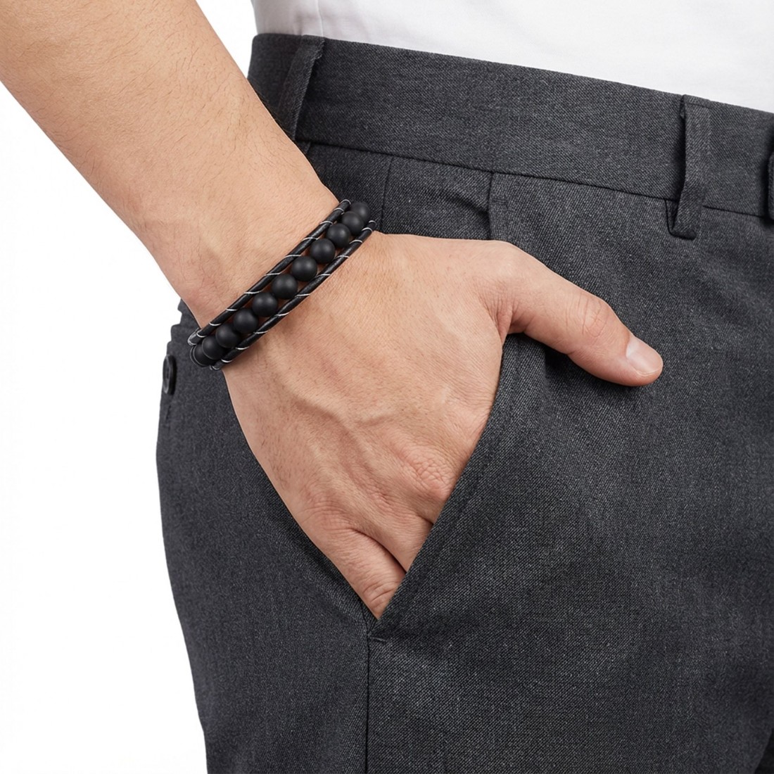 Mat Oniks Taşı Örmeli Deri Bileklik