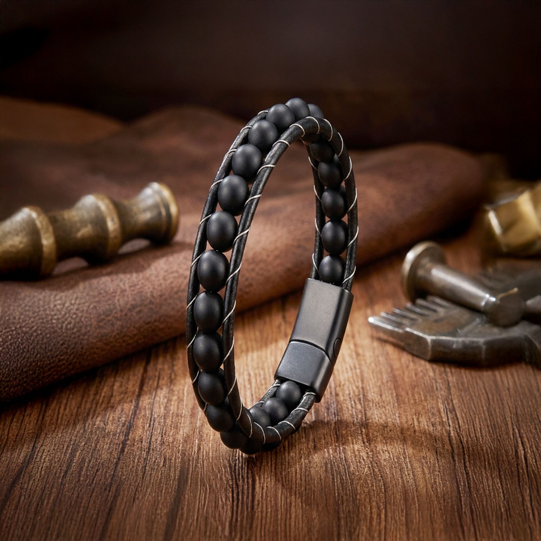 Mat Oniks Taşı Örmeli Deri Bileklik