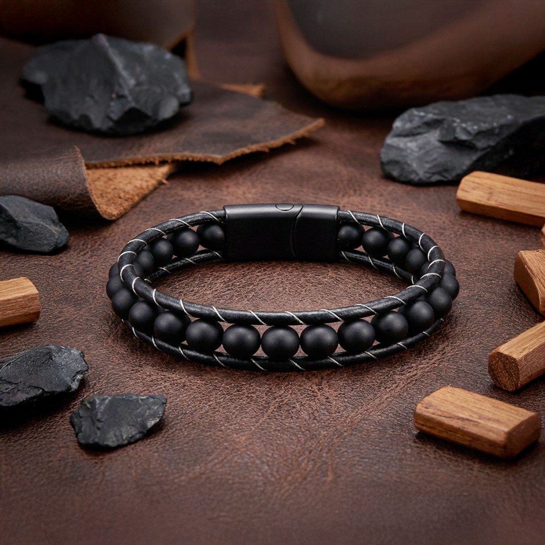 Mat Oniks Taşı Örmeli Deri Bileklik