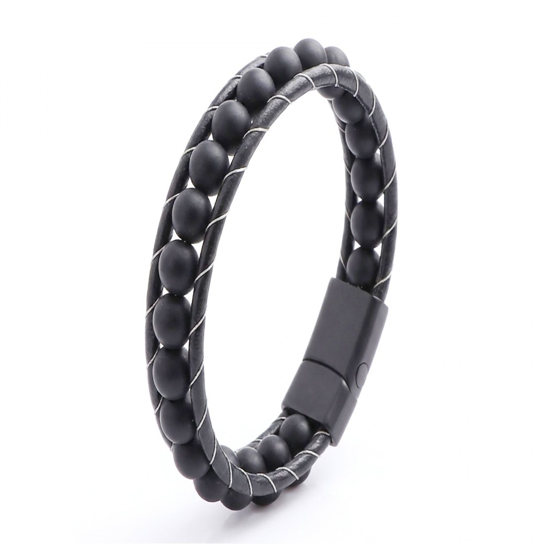 Mat Oniks Taşı Örmeli Deri Bileklik