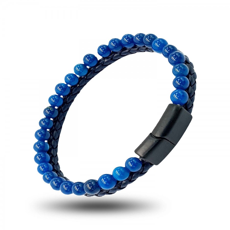 Mavi Akik Doğaltaş Deri Erkek Bileklik