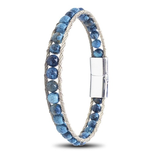 Mavi Akik Doğaltaş Ve Çelik Halat Bileklik