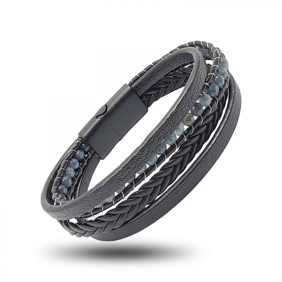 Mavi Akik Doğaltaş Ve Deri Bileklik