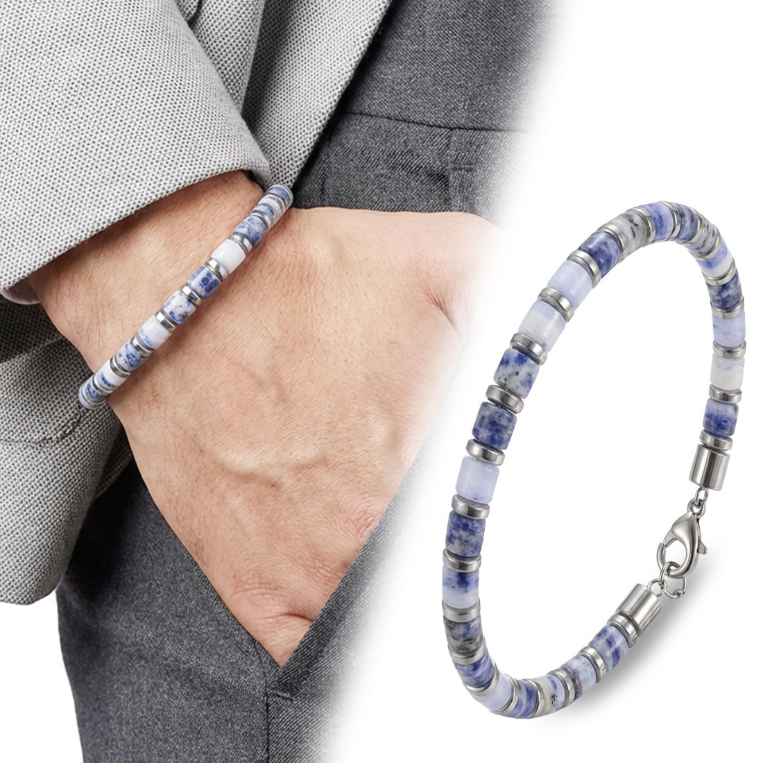 Mavi Aventurin & Silver Hematit Taşlı Ayarlanabilir Çelik Zincir Erkek Bileklik