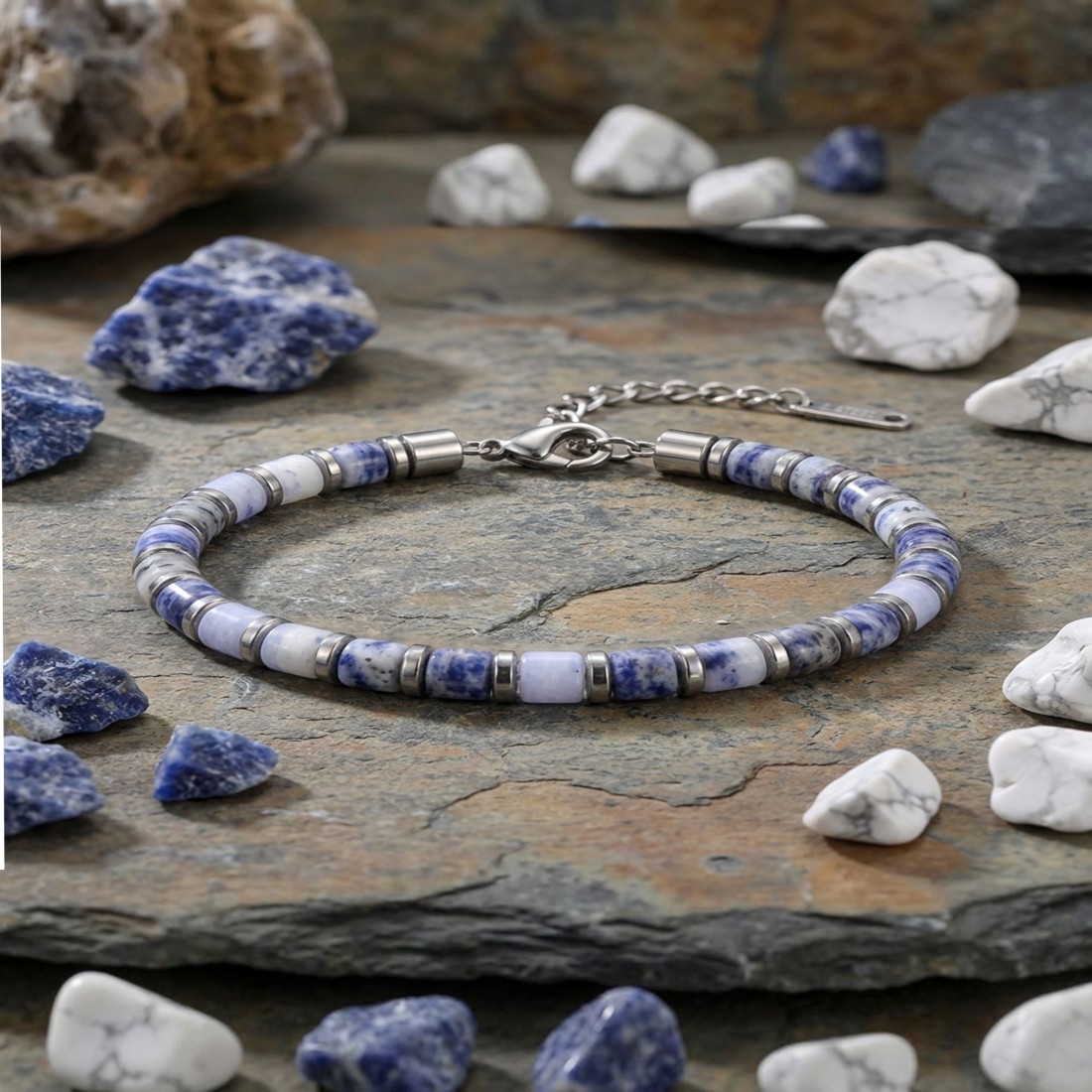 Mavi Aventurin & Silver Hematit Taşlı Ayarlanabilir Çelik Zincir Erkek Bileklik