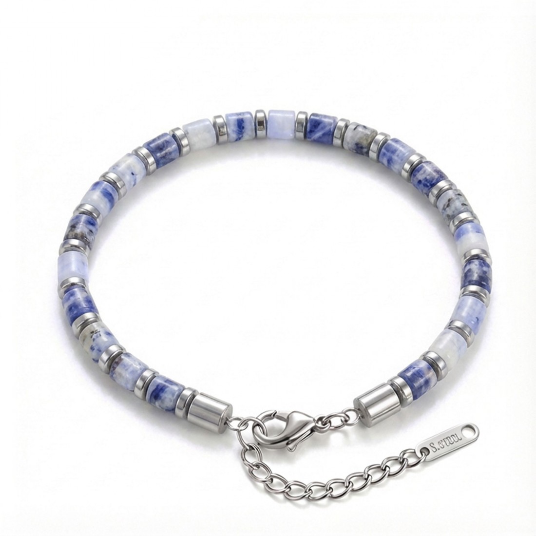 Mavi Aventurin & Silver Hematit Taşlı Ayarlanabilir Çelik Zincir Erkek Bileklik